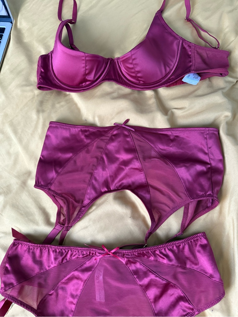 Betty Page Satin Quarter Cup Bra & High Waist Panty Set - Wine